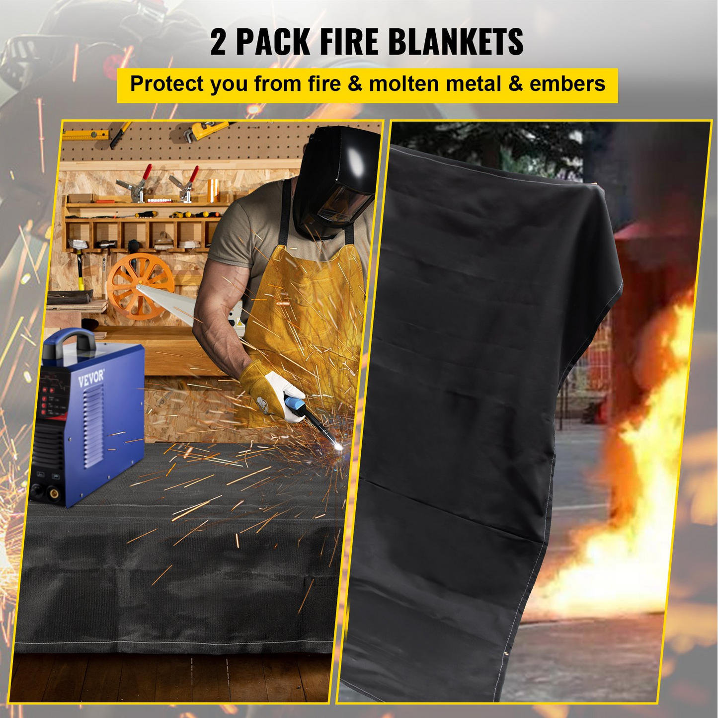 VEVOR Fire Blankets, 2 Pack Welding Blankets, 6' x 10' Fire Suppression Blanket, 1022 °F Flame Retardant Blanket, Black Fire Emergency Blankets, Fiberglass Fire Retardant Blanket with 8 Brass Gromme