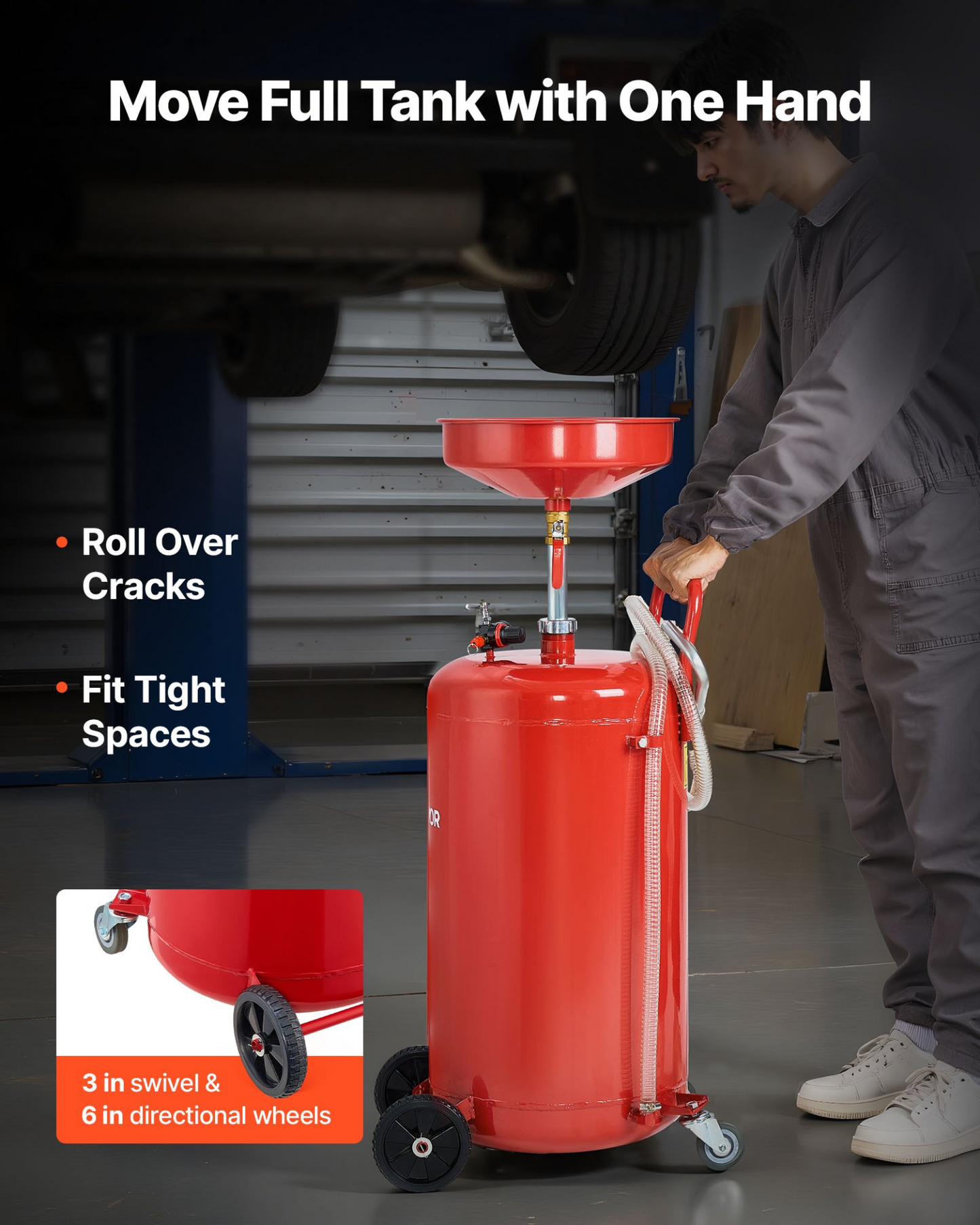VEVOR 95L Waste Oil Drain Tank, Air Operated Portable Oil Drainer with Adjustable Funnel Height, Industrial Fluid Drain Tank with Wheels, Fluid Fuel Transfer Drainage for Auto Repair Shops, Red