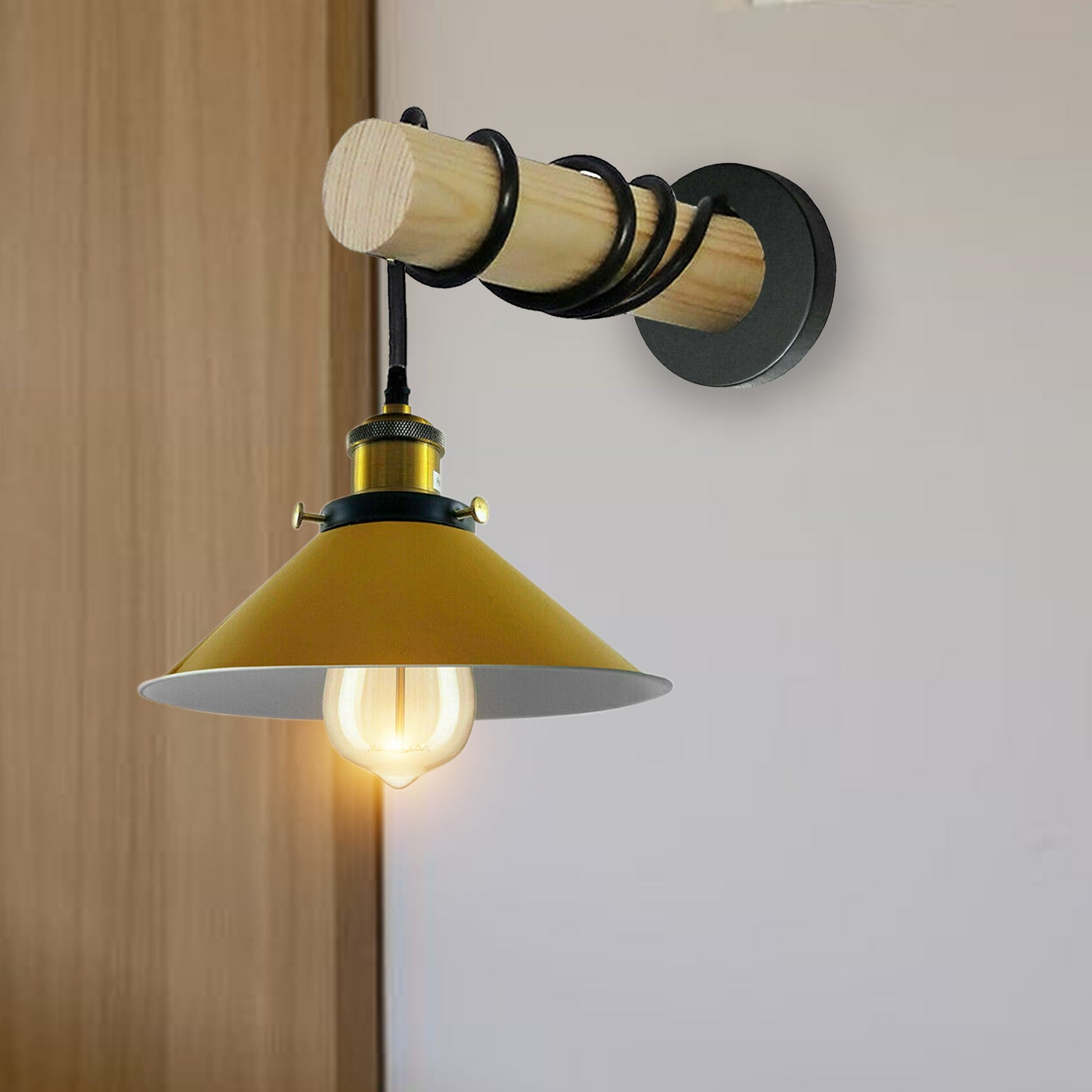 Modern Combined Solid Wooden Arm Chandelier Lighting With Yellow Cone Shaped Metal Shade wall sconce~3477