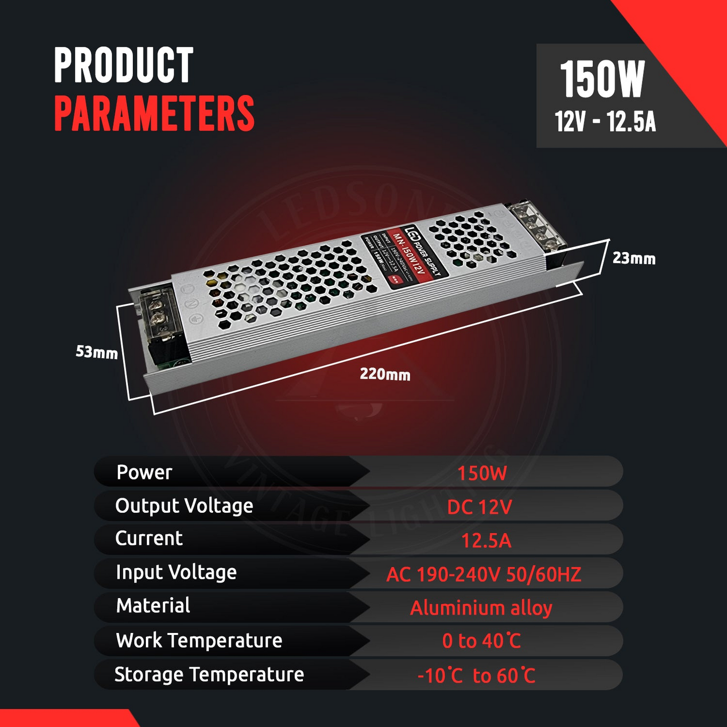 LED Driver 12V 150W Power Supply 190/240V AC to DC 12V 12.5 A Ultra Slim IP20~2356