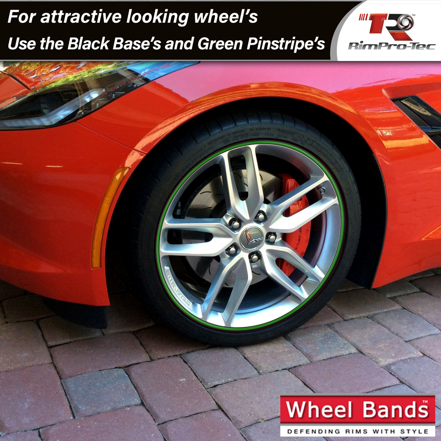 4x Black Base's 4x Dark Green Pinstripe's / RimPro-Tec® Wheelbands™ car wheel styling kit