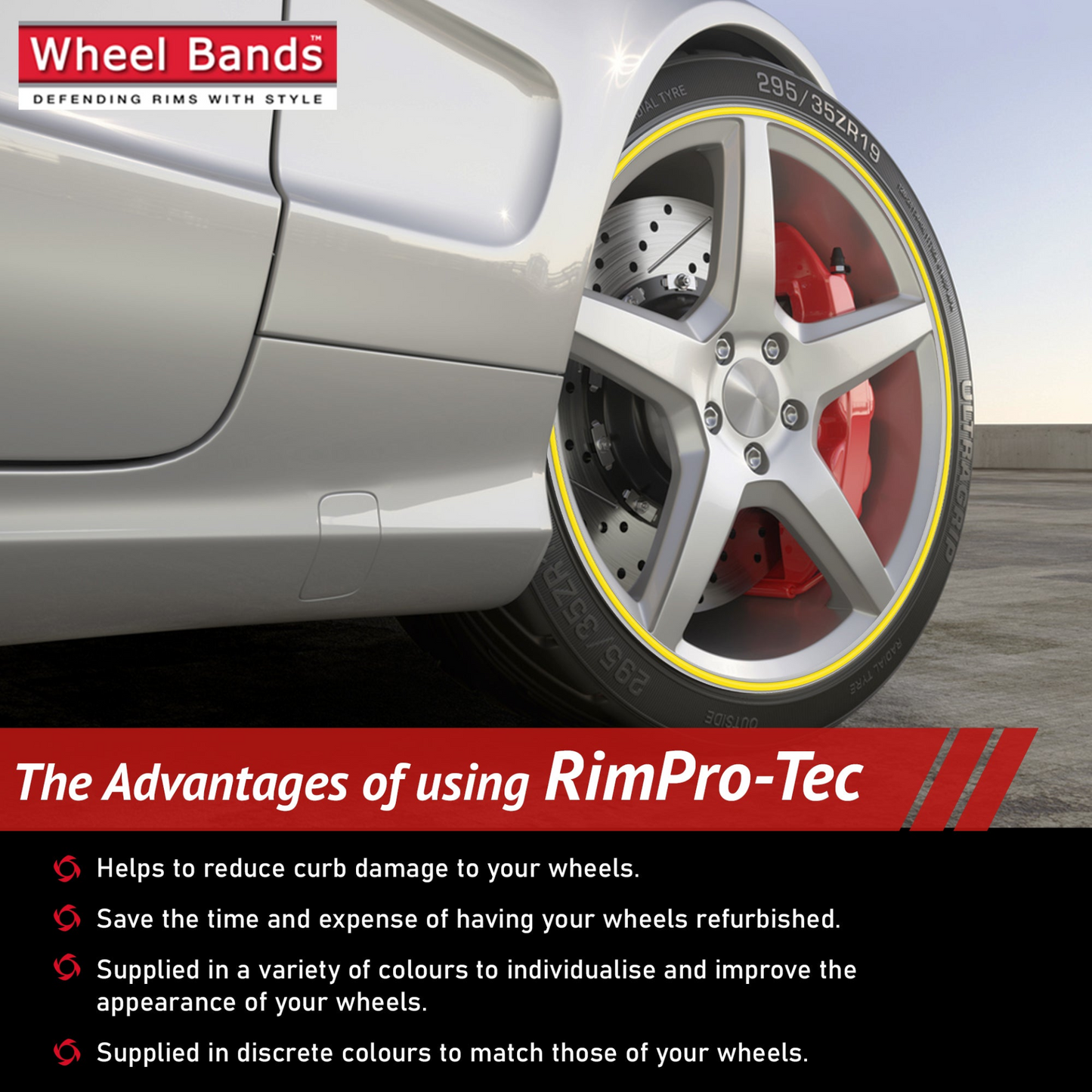 4x Silver Base's 4x Yellow Pinstripe's / RimPro-Tec® Wheelbands™ car wheel styling kit