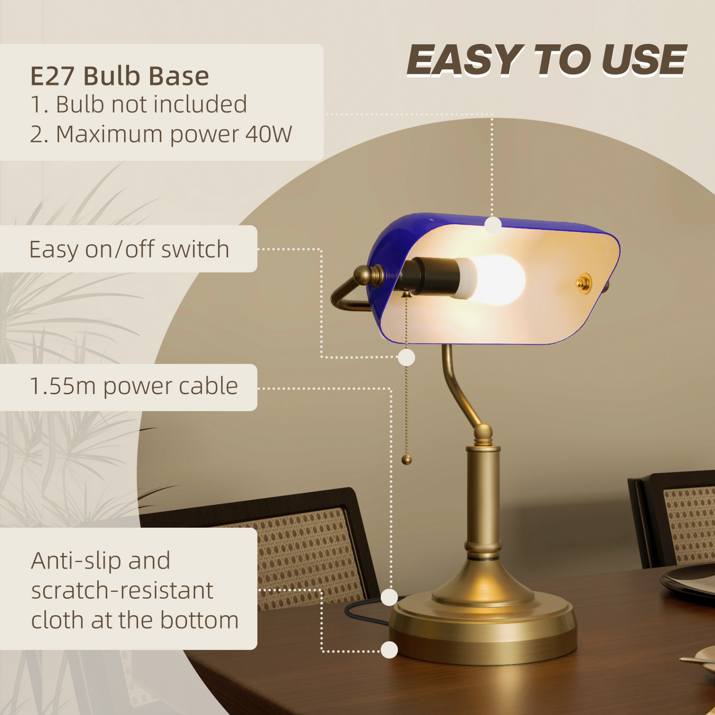 HOMCOM Banker's Desk Lamp with Antique Bronze Tone Base, Table Lamp with Blue Glass Shade for Home Office in Blue