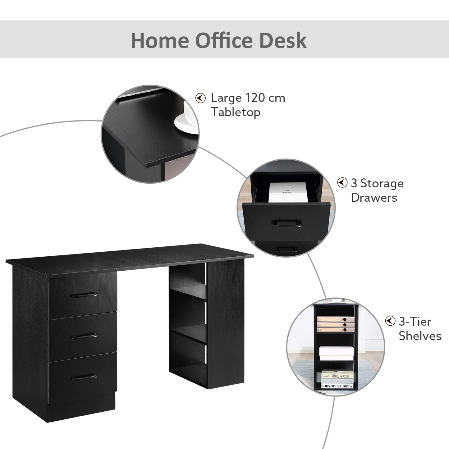 120cm Computer Desk with Storage Shelves Drawers, Writing Table Study Workstation for Home Office, Black by HOMCOM