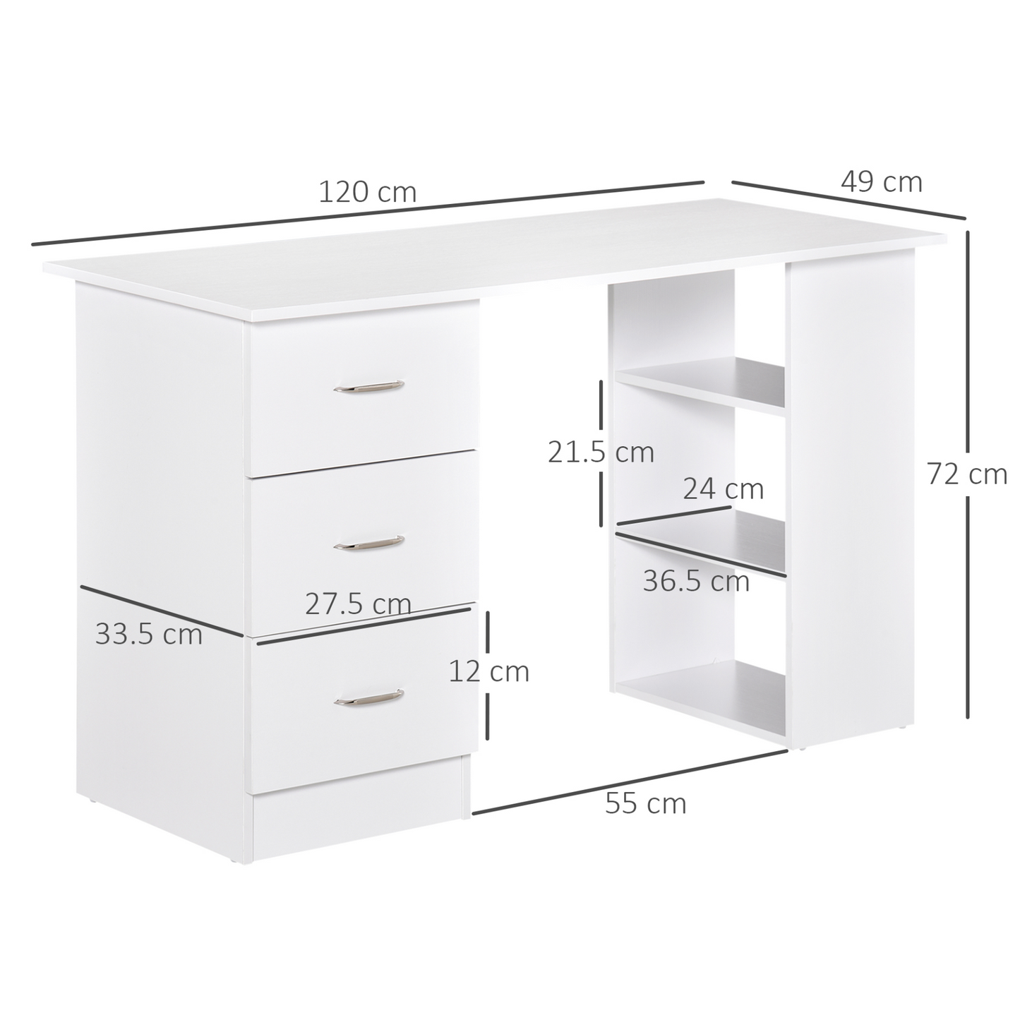 120cm Computer Desk Writing Table PC Workstation Study Laptop Stationery w/ 3 Shelf & Drawers White by HOMCOM