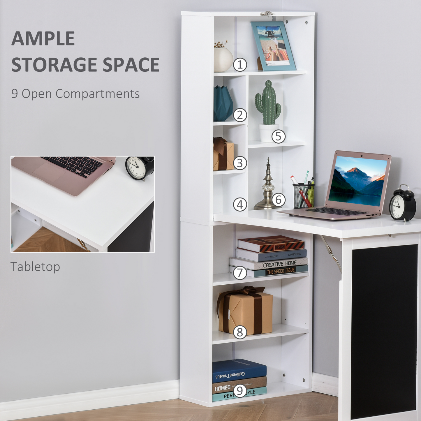 Fold-out Convertible Writing Desk Wall Mount Cabinet with Blackboard and Side Shelf Multi-Function Home Office Workstation in White by HOMCOM