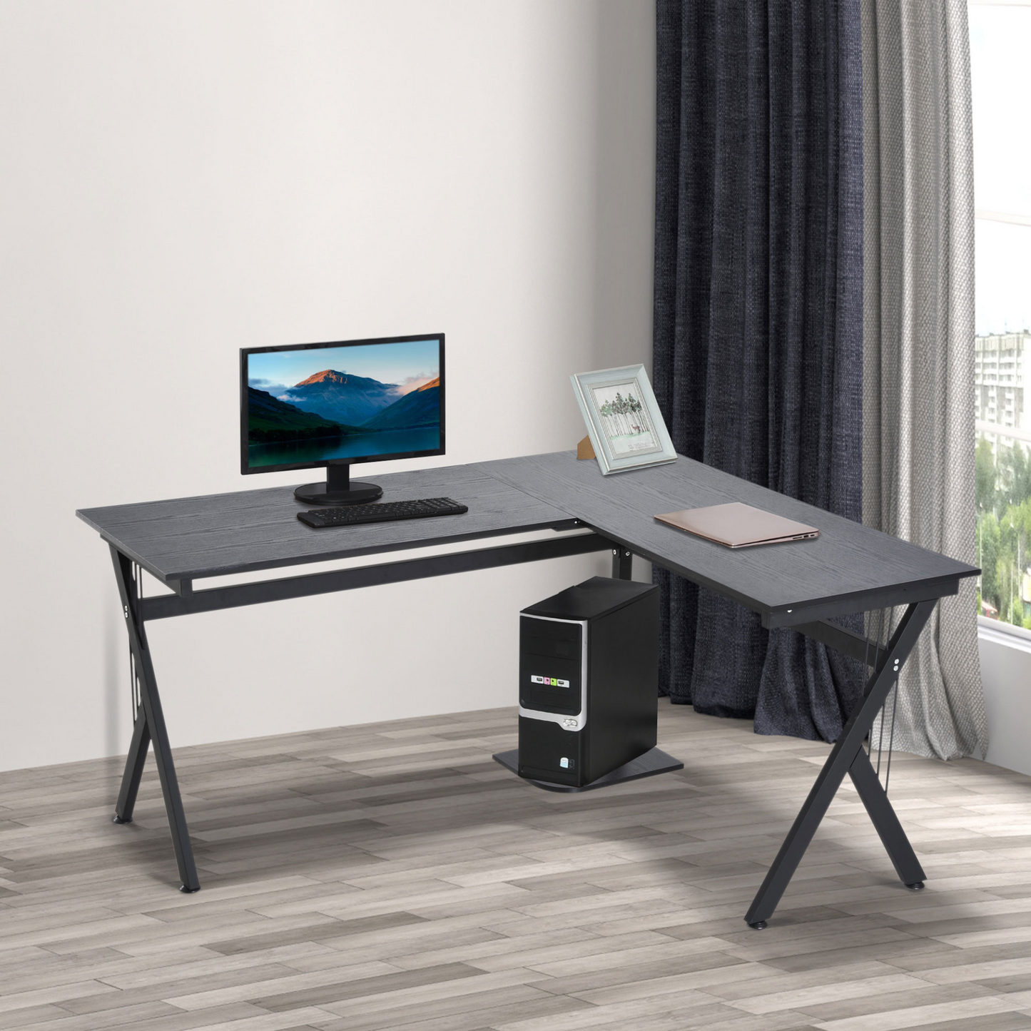Corner Computer Desk, L-Shaped Desk with CPU Stand, Home Office Laptop Haven, Study Workstation in Black | HOMCOM