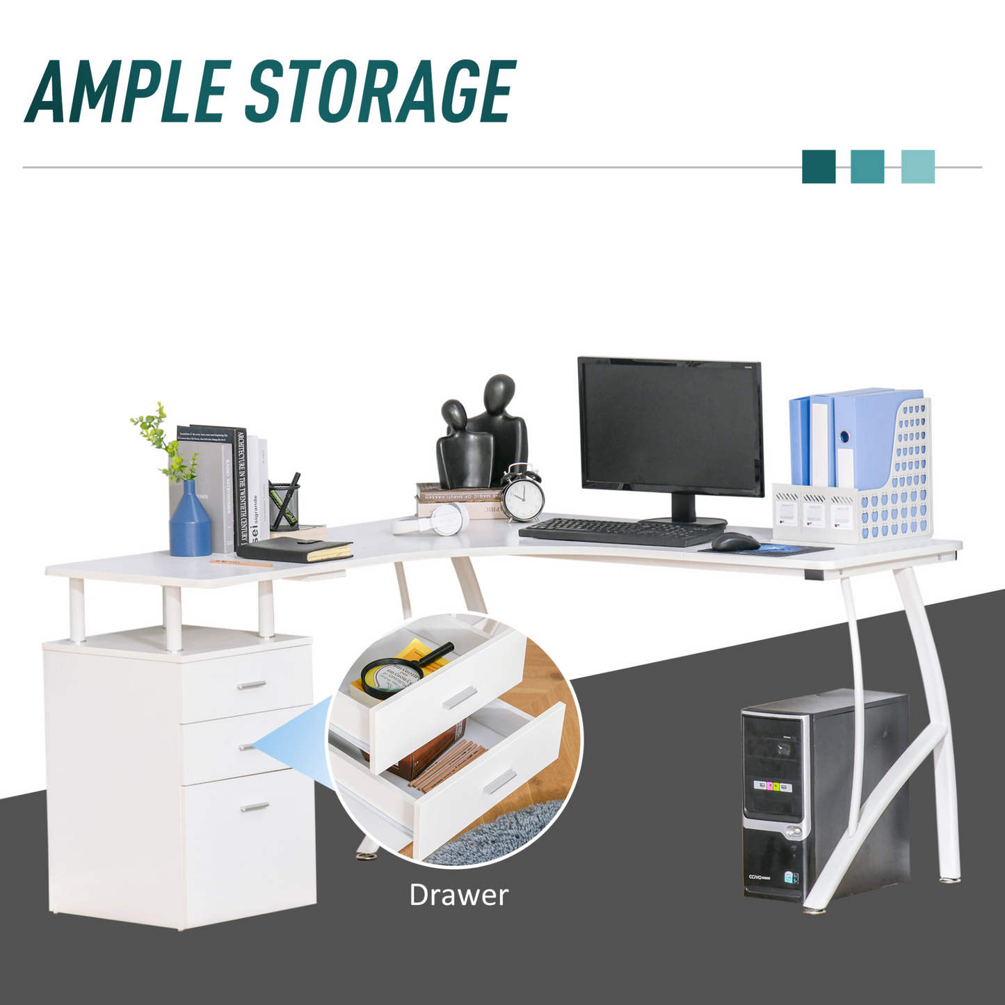 L-Shaped Computer Desk Table with Storage Drawer Home Office Corner Industrial Style Workstation in White | HOMCOM
