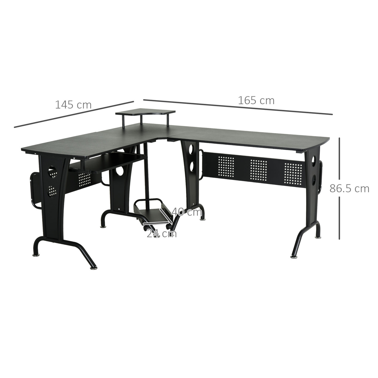 L-Shaped Corner Work Desk Gaming Office with Steel Frame CPU Rack Keyboard Tray Space-Saving Melamine Coating Computer in Black | HOMCOM