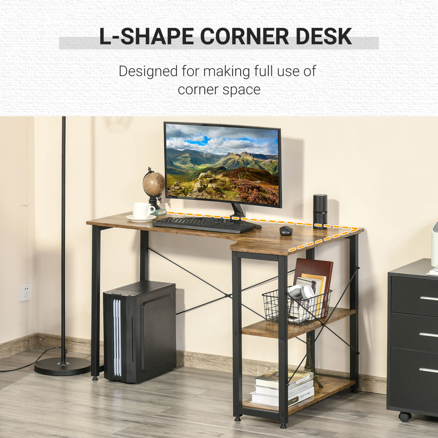 L-Shaped Computer Desk Home Office Corner Desk Study Workstation Table with 2 Shelves, Steel Frame in Rustic Brown | HOMCOM