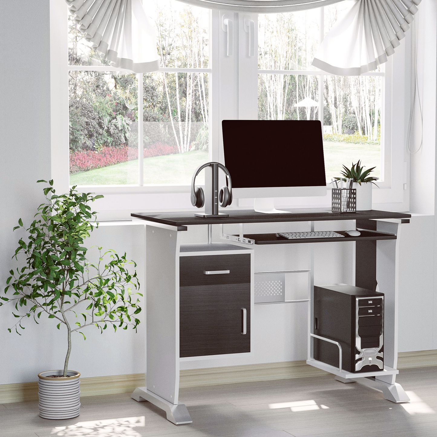 Home Office Workstation Desk, PC Computer Desk with Sliding Keyboard Tray, Storage Drawers, Host Box Shelf, Black Walnut | HOMCOM
