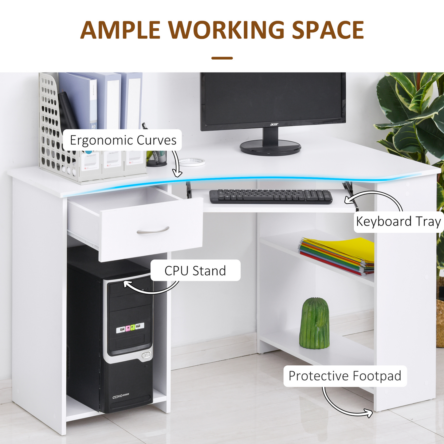 L-Shaped Desk: Shelves, Keyboard Tray, Drawer & CPU Stand for Home Office or Study, Pristine White | HOMCOM