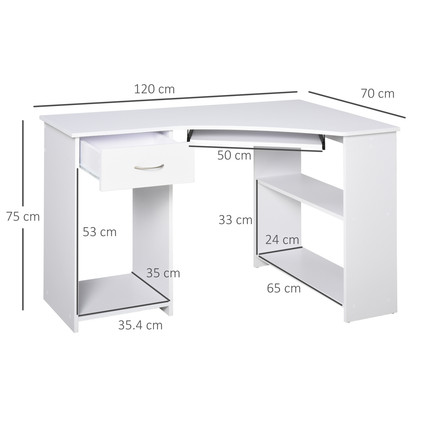 L-Shaped Desk: Shelves, Keyboard Tray, Drawer & CPU Stand for Home Office or Study, Pristine White | HOMCOM