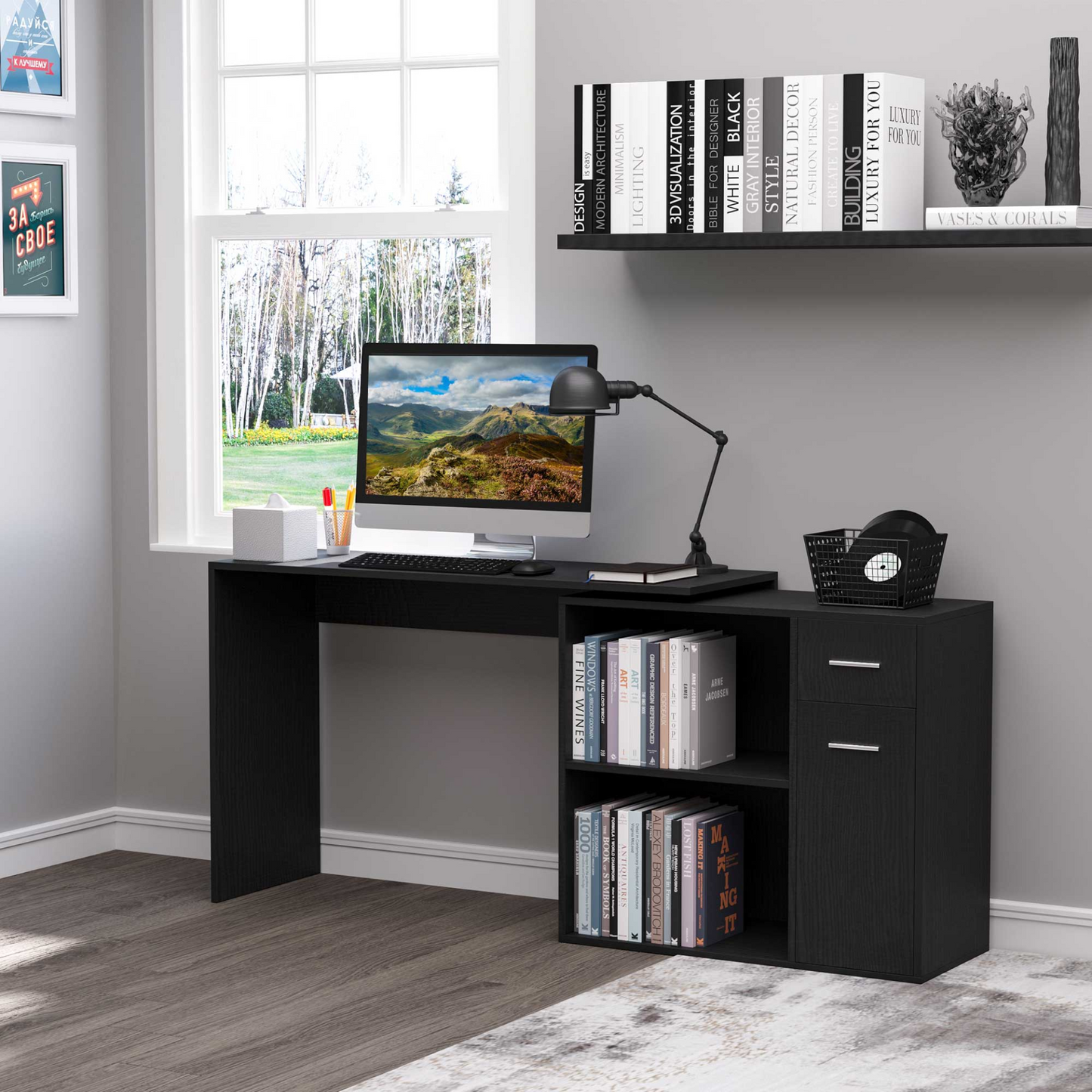 L-Shaped corner computer desk Table Study Table PC Workstation with Storage Shelf Drawer Home Office Black | HOMCOM