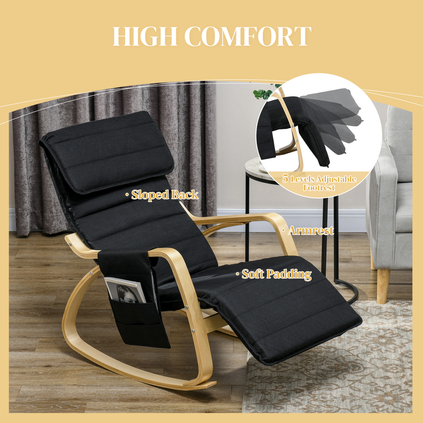 Rocking Lounge Chair Recliner Relaxation Lounging Relaxing Seat with Adjustable Footrest, Side Pocket and Pillow, Black by HOMCOM