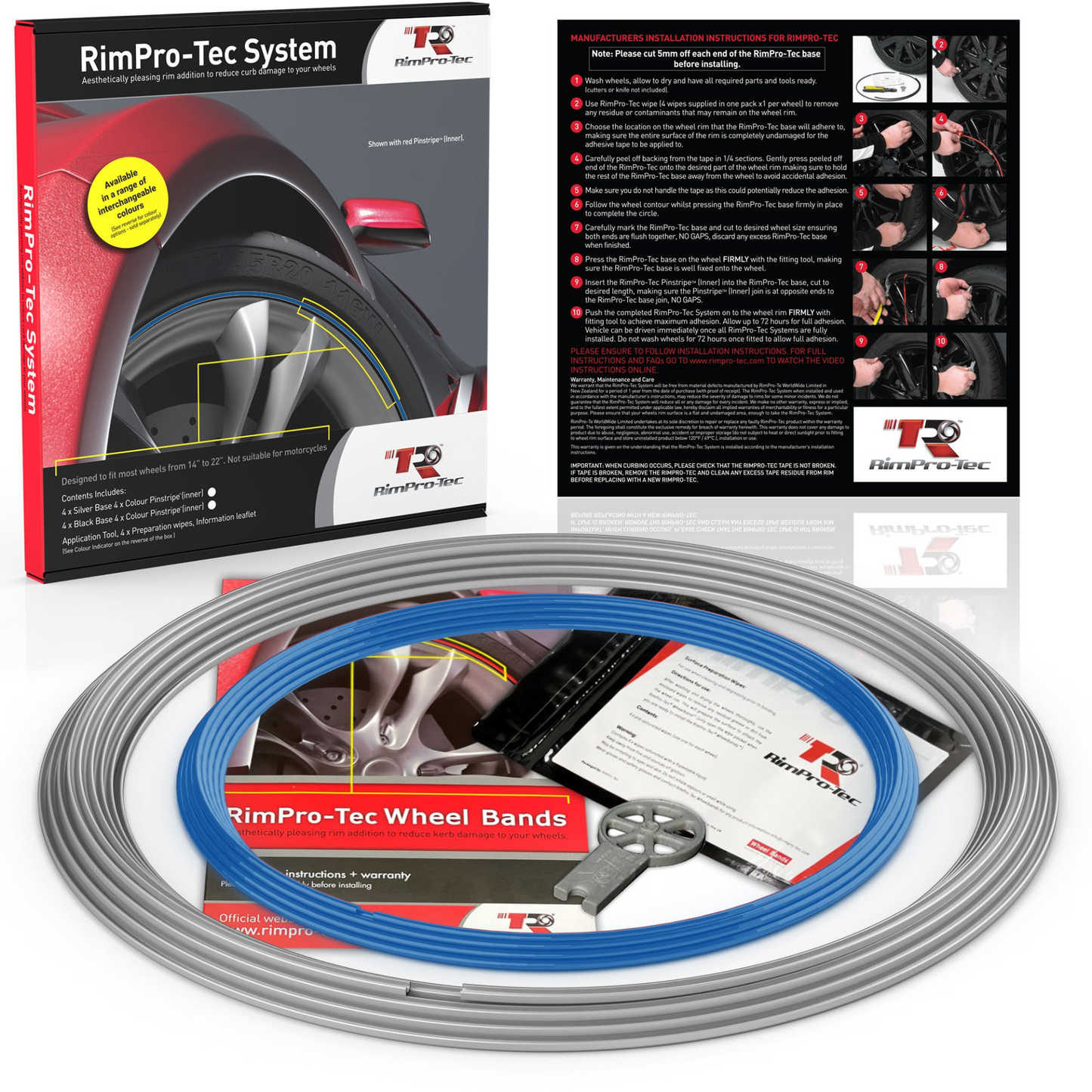 4x Silver Base's 4x Light Blue Pinstripe's / RimPro-Tec® Wheelbands™ car wheel styling kit