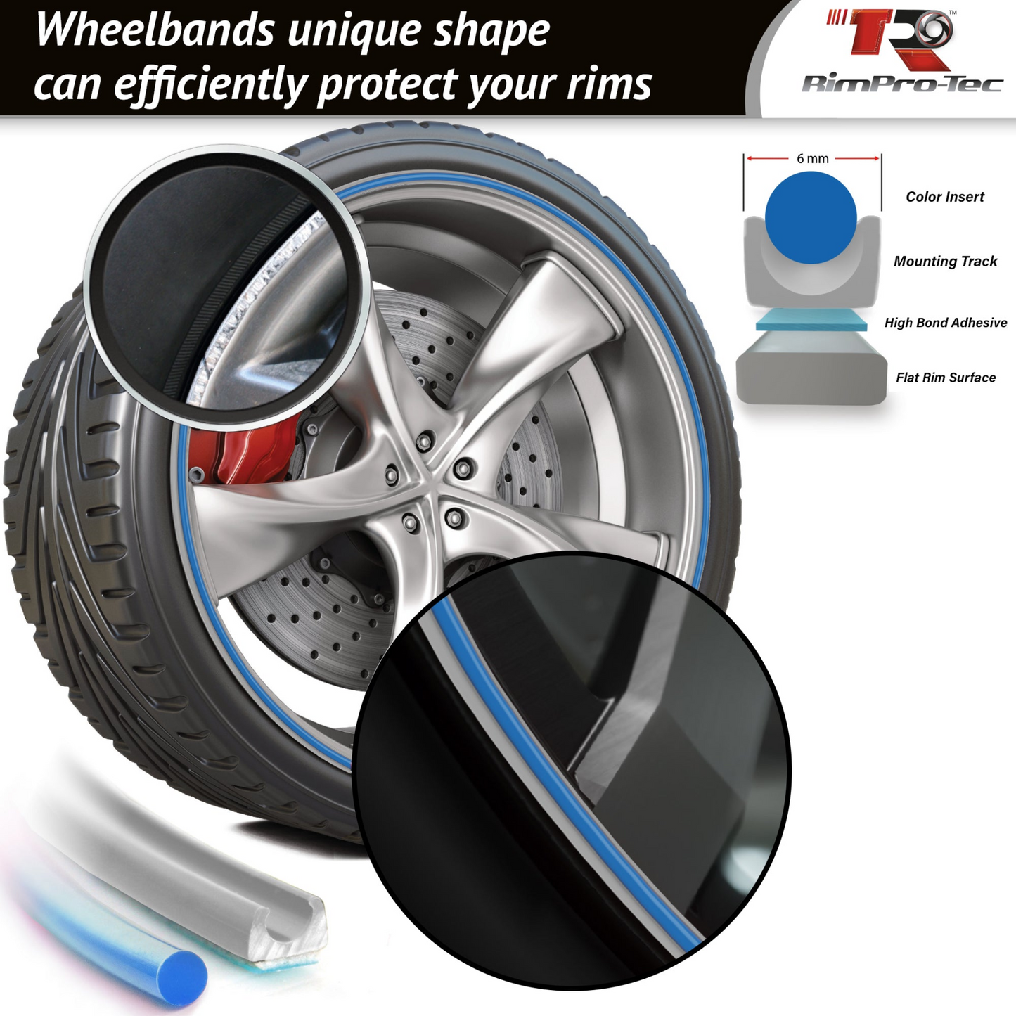 4x Silver Base's 4x Light Blue Pinstripe's / RimPro-Tec® Wheelbands™ car wheel styling kit