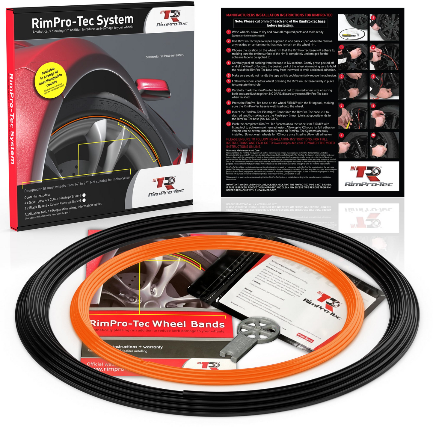 4x Black Base's 4x Orange Pinstripe's / RimPro-Tec® Wheelbands™ car wheel styling kit