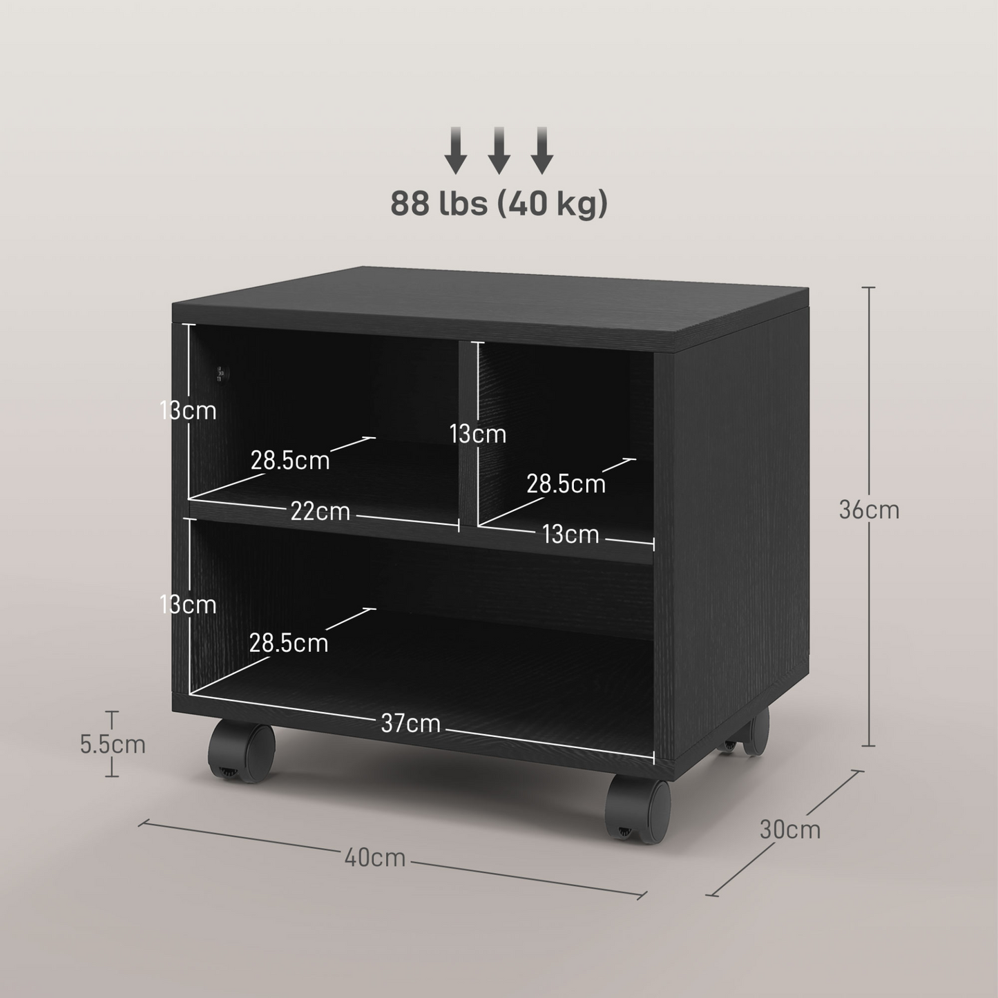 2-Tier Printer Stand Cabinet with Storage, Under Desk Printer Cart on Wheels with 3 Compartments, Desktop Printer Table for Office in Black | HOMCOM