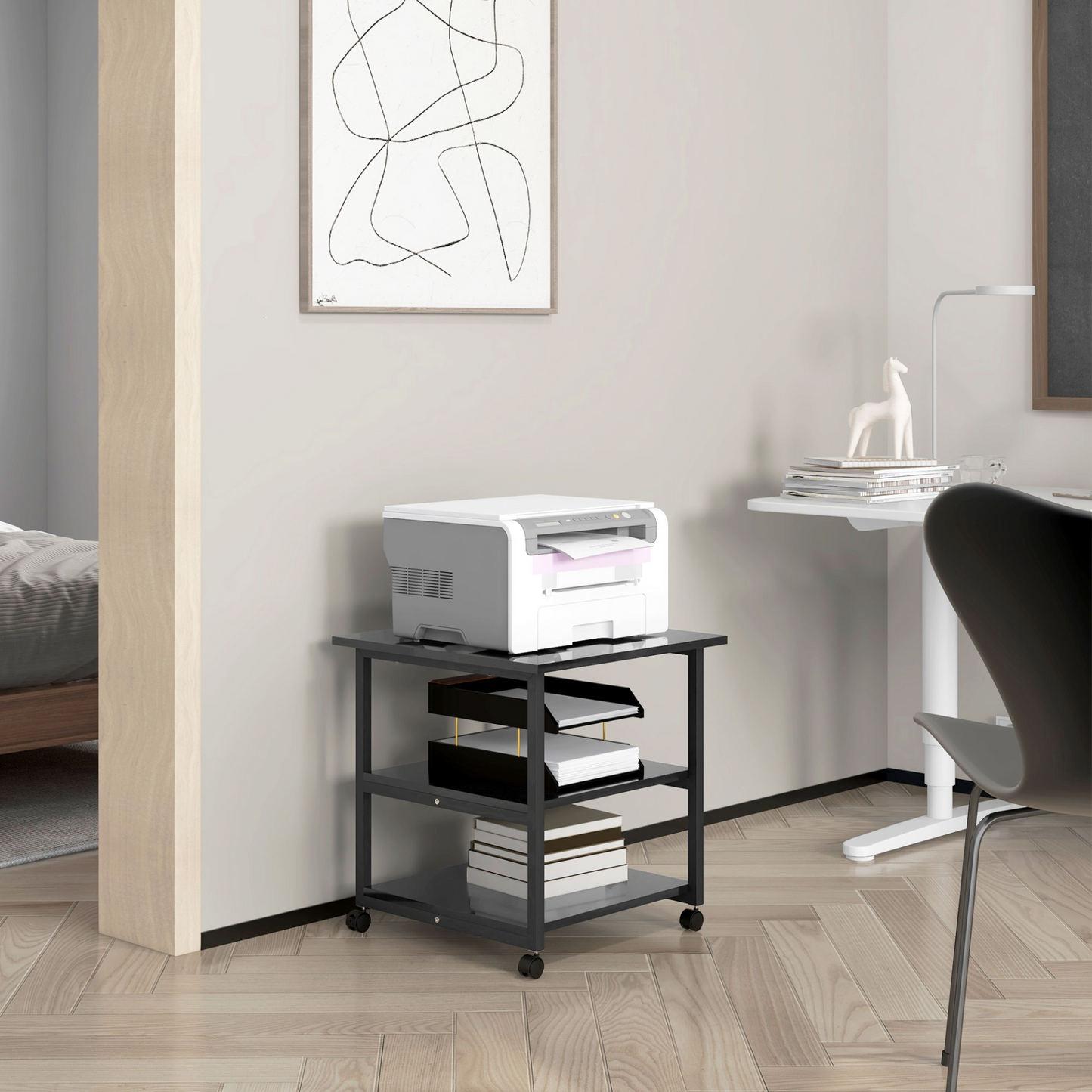 3-Tier Printer Stand with Storage Shelf, Mobile Printer Table on Wheels, 50 x 50 x 52.5cm Rolling Printer Cart for Office, Black | HOMCOM