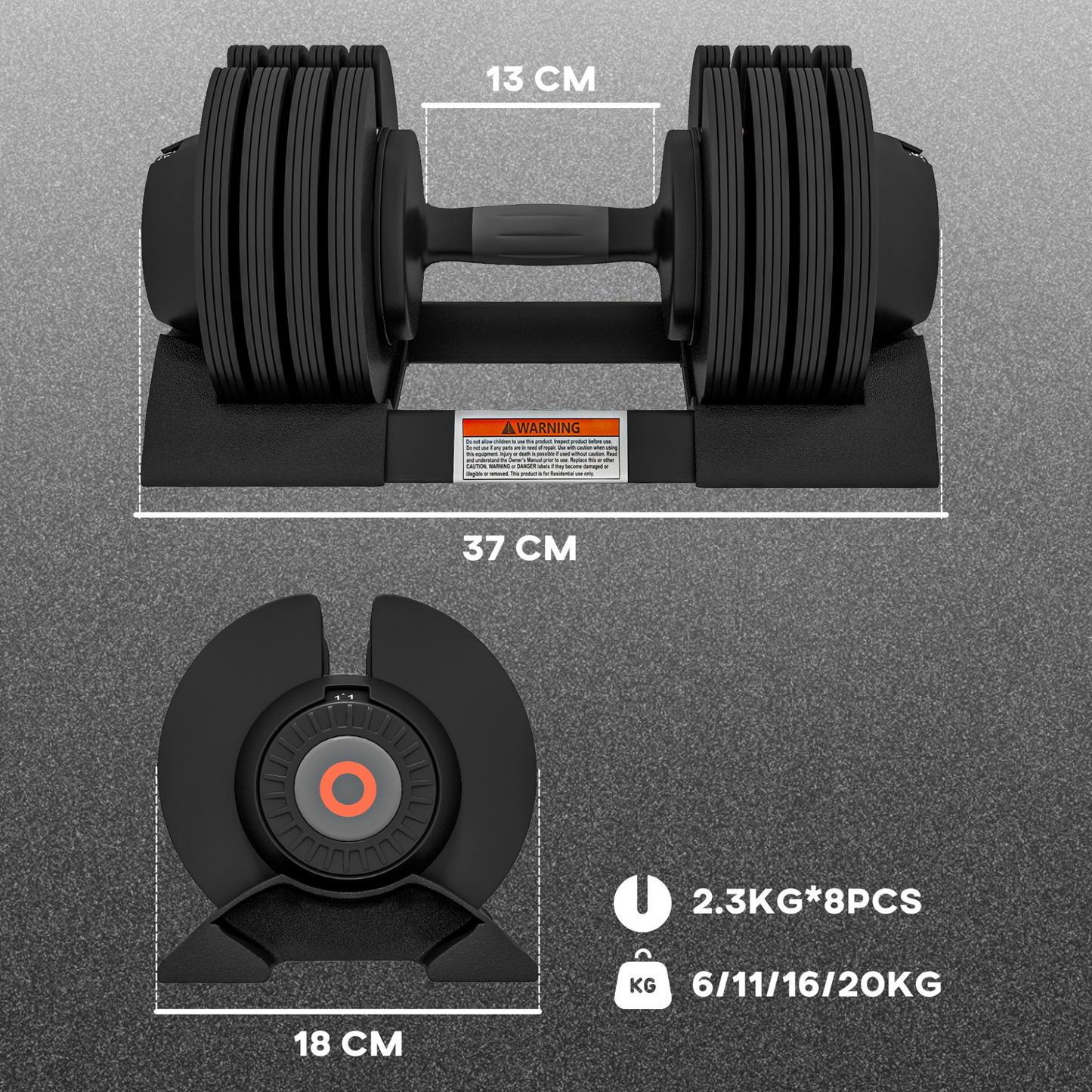 Adjustable Dumbbells Set, 4-in-1 Weights Set with Storage Tray and Non-Slip Handle, 6KG 11KG 16KG 20KG | SPORTNOW