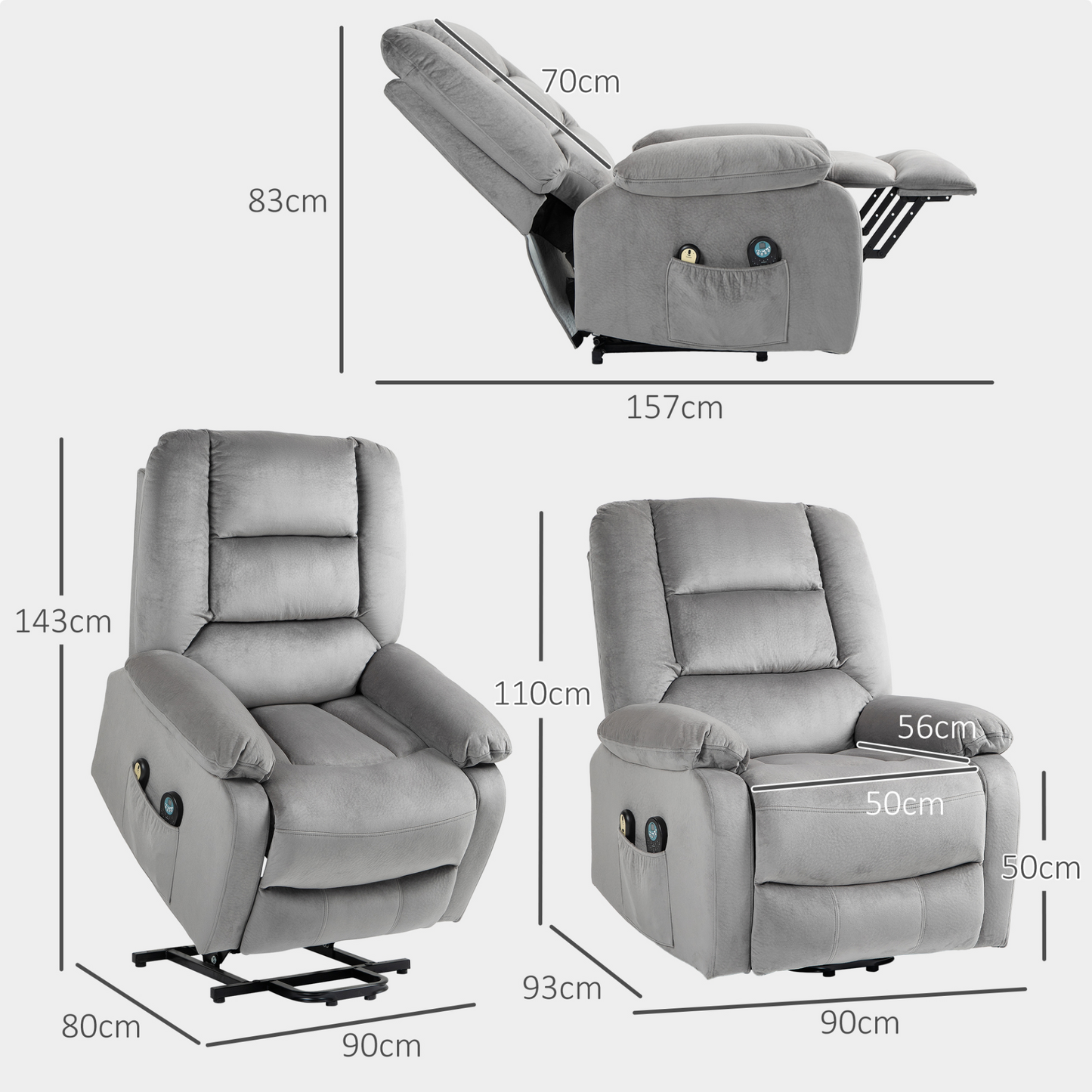 Electric Riser and Recliner Chair with Vibration Massage, Heat, Side Pocket, Grey by HOMCOM