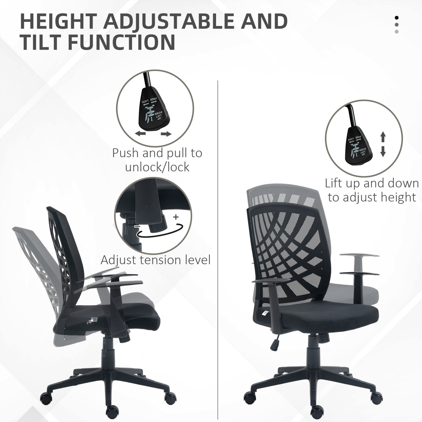 Ergonomic Office Chair, Height Adjustable Mesh Chair, Desk Chair with Swivel Wheels for Home Office, Black | HOMCOM