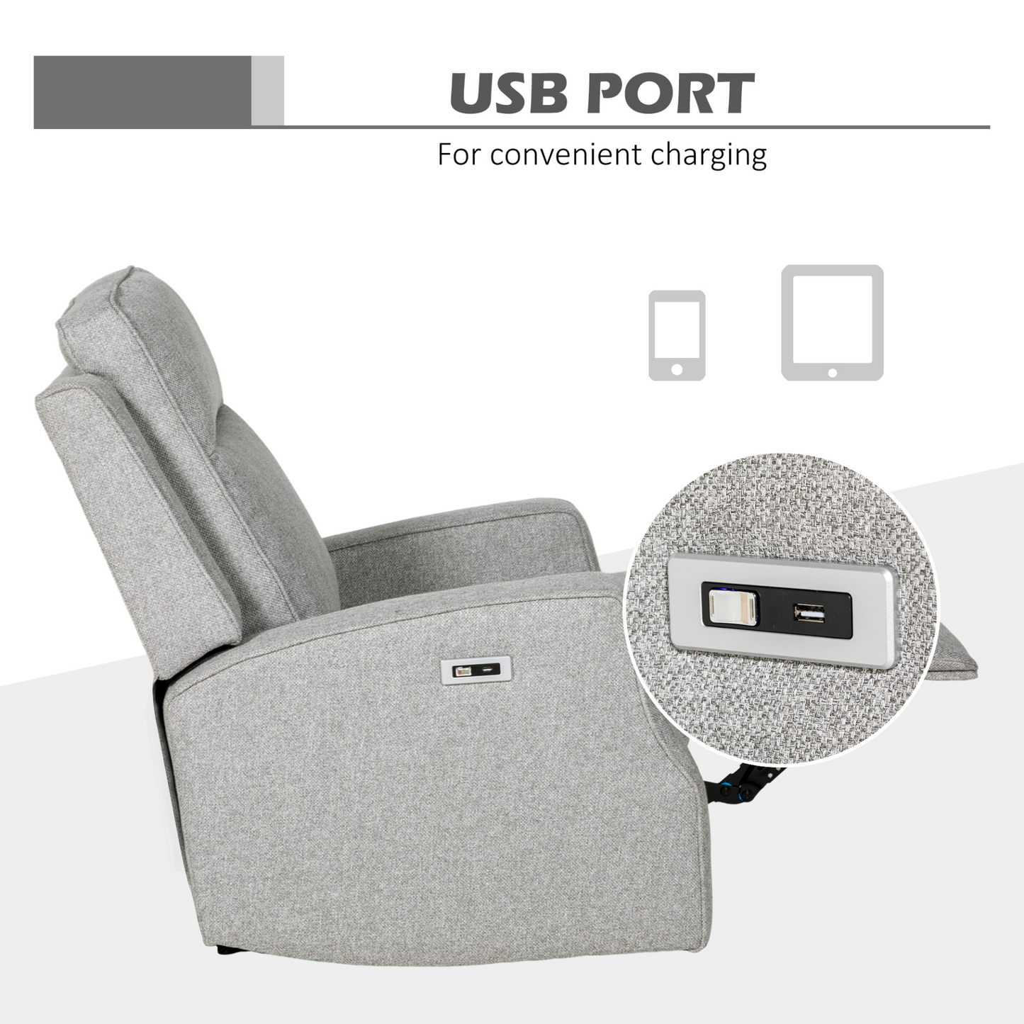 Electric Recliner Armchair, Recliner Chair with Adjustable Leg Rest, USB Port in Grey | HOMCOM