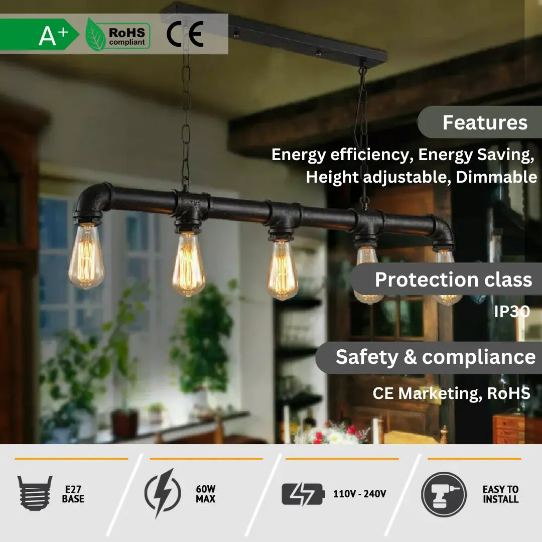 Waterpipe Ceiling Light 5 Light Chandelier Black~2110