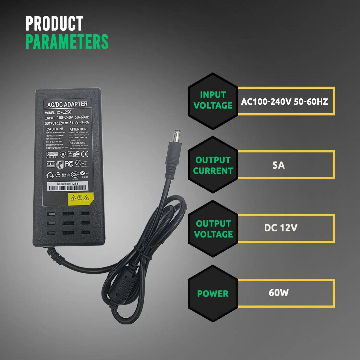 12V 5A 60W 3 Pin Plug 12v Power Supply Adapter Conventer ~2364