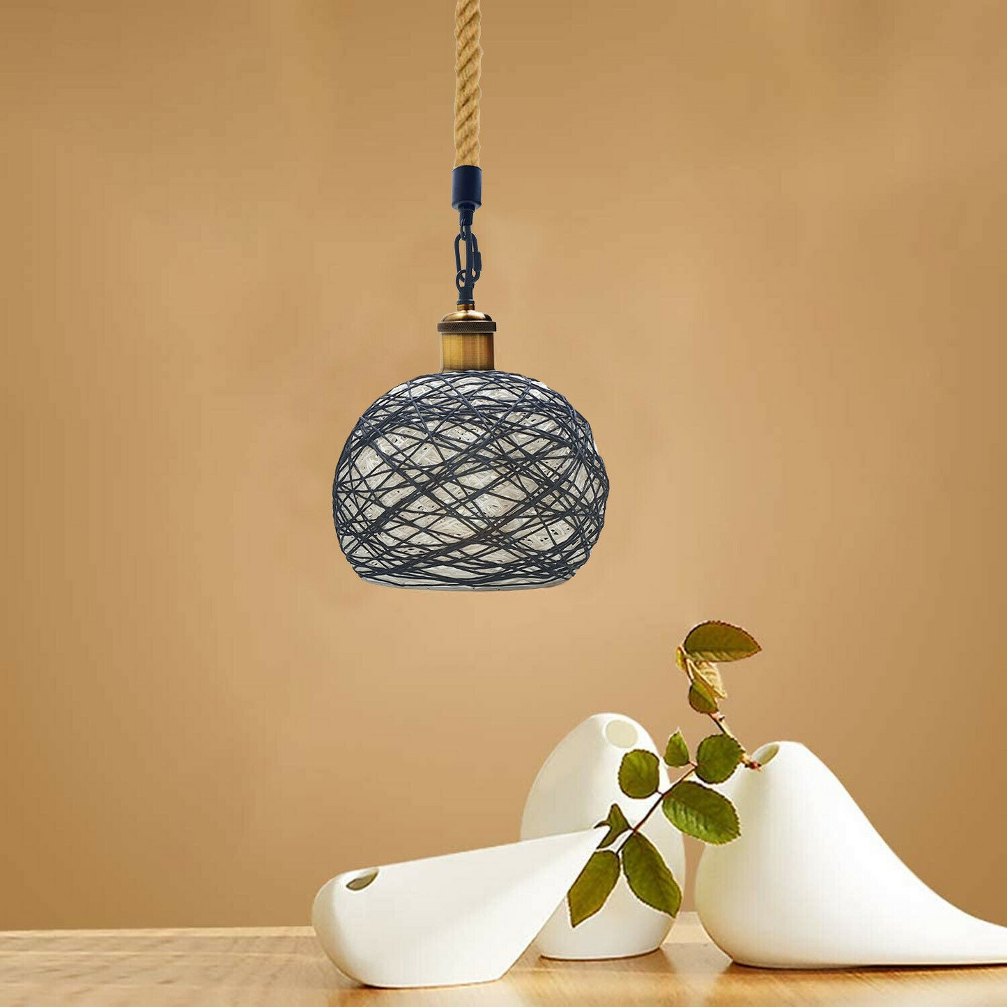 Industrial vintage Rope Rattan Woven Pendant Lamp Dome Pendant Light~1959