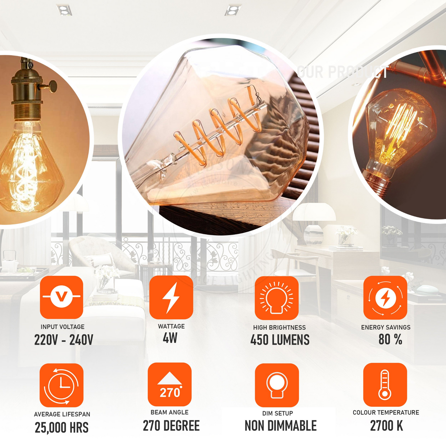 LED Light Bulb Dimond E27 4W Filament Glass Warm White~1043