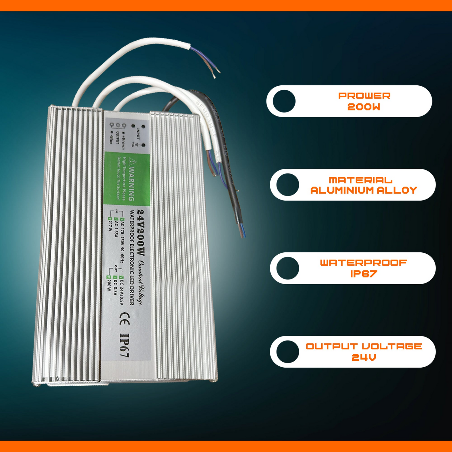 DC 24V 8.3A 200W IP67 Waterproof LED Driver Power Supply Transformer ~1226