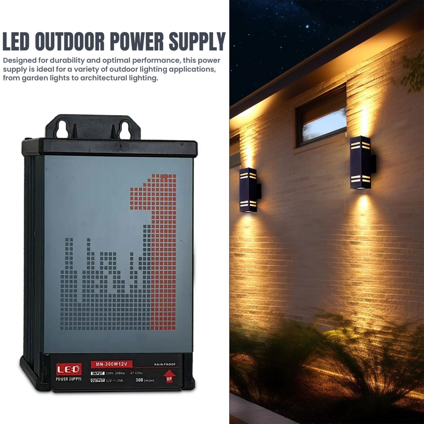 DC 12V 300W IP45 Rain Proof Outdoor 25A LED Driver AC 190-240V Adapter~2104