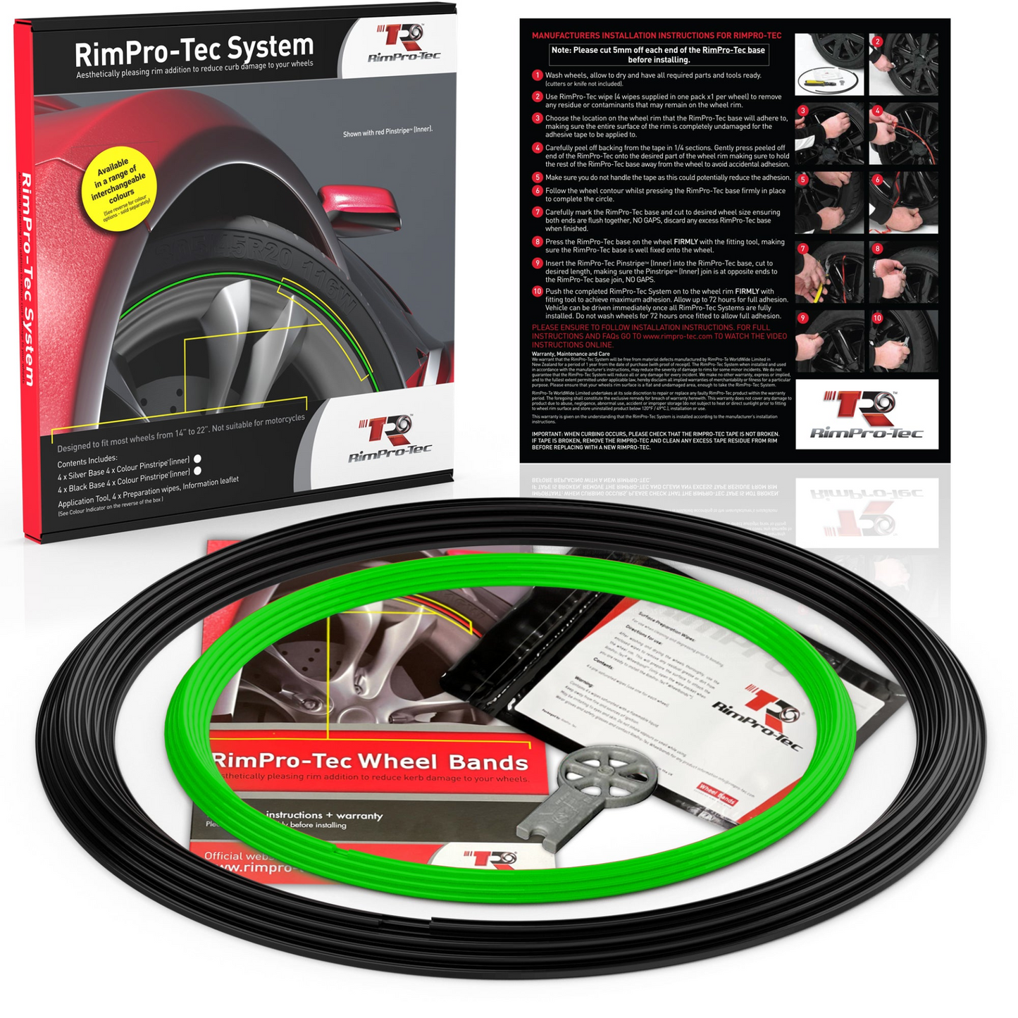 4x Black Base's 4x Lime Green Pinstripe's / RimPro-Tec® Wheelbands™ car wheel styling kit