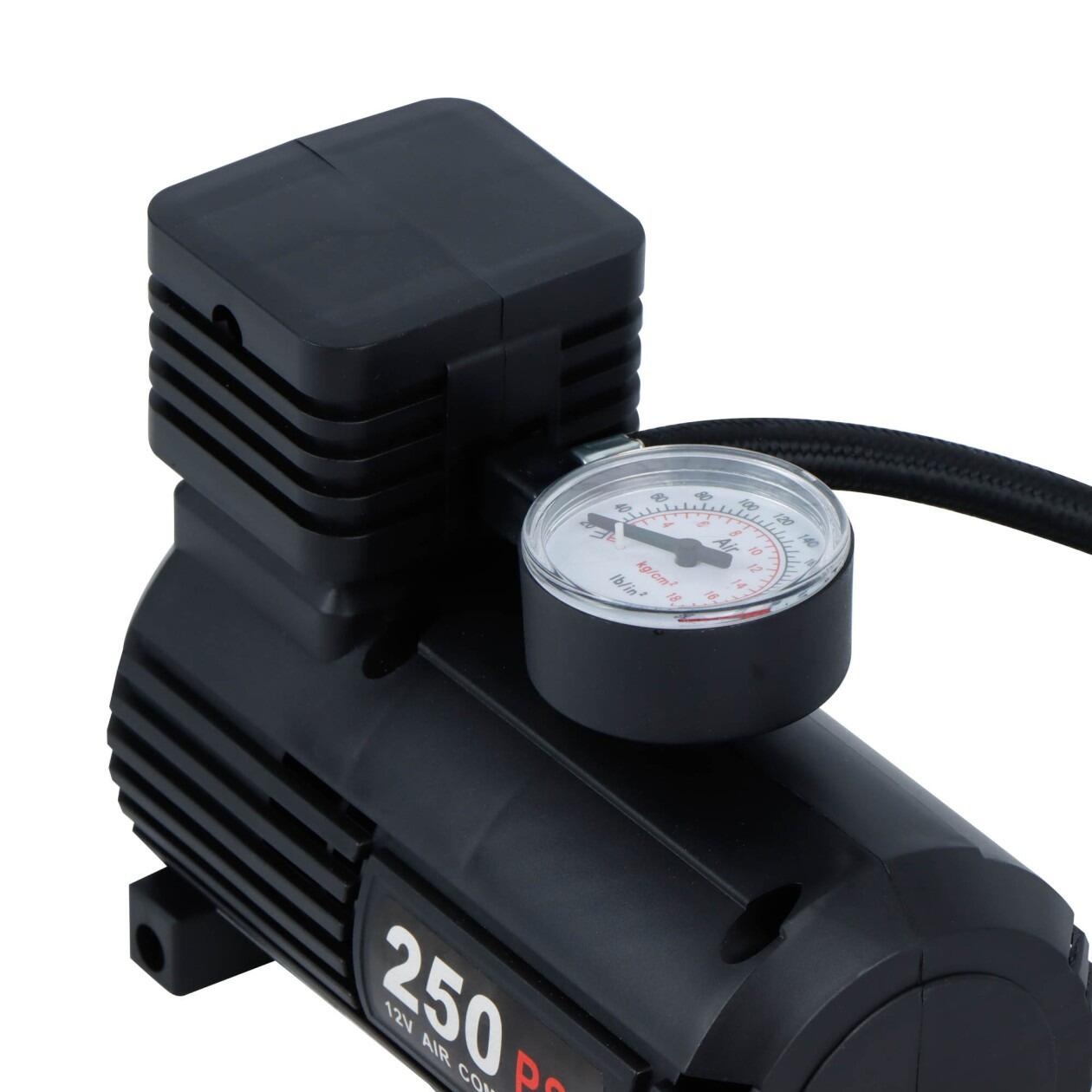 250PSI 12V Compact Analogue Air Compressor with Multi-Purpose Nozzle Adaptors