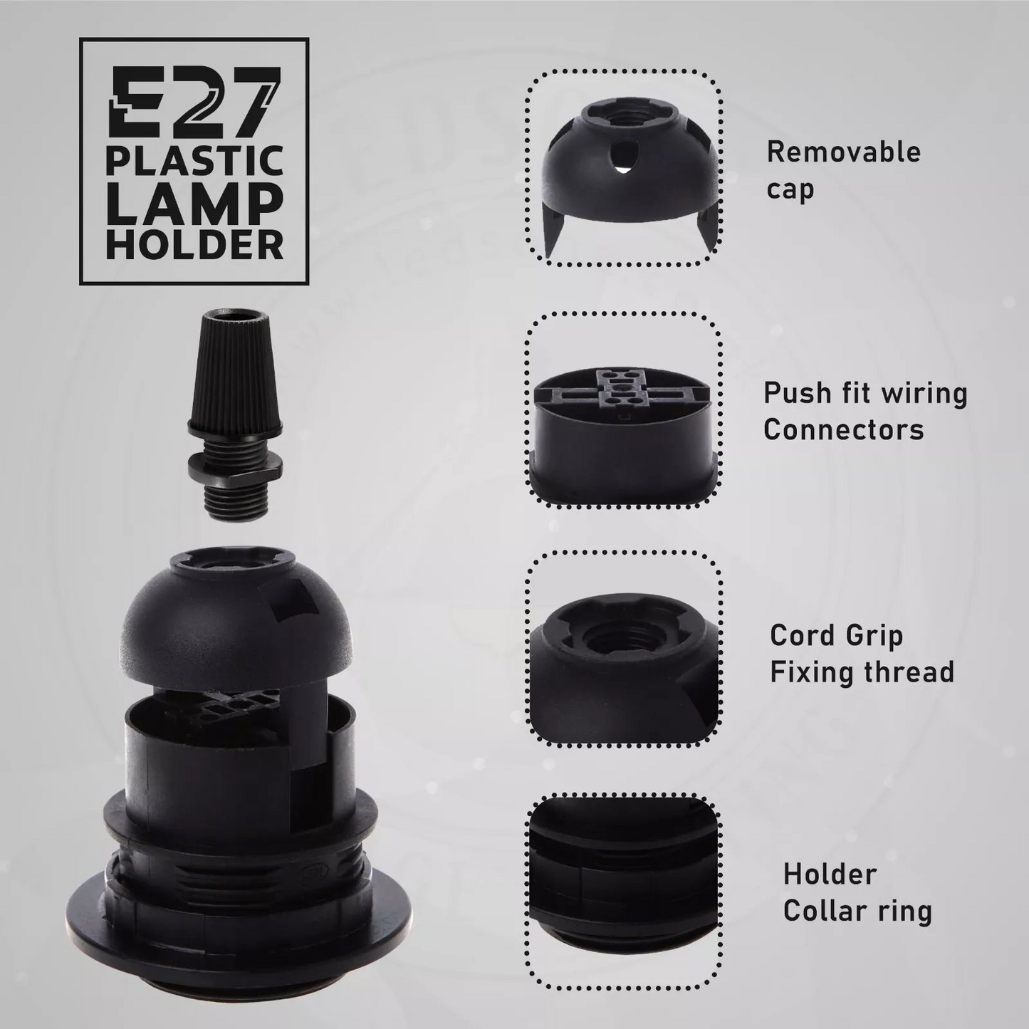 Black E27 Pendant Lamp Holder with Shade Ring & Cord Grip~2967