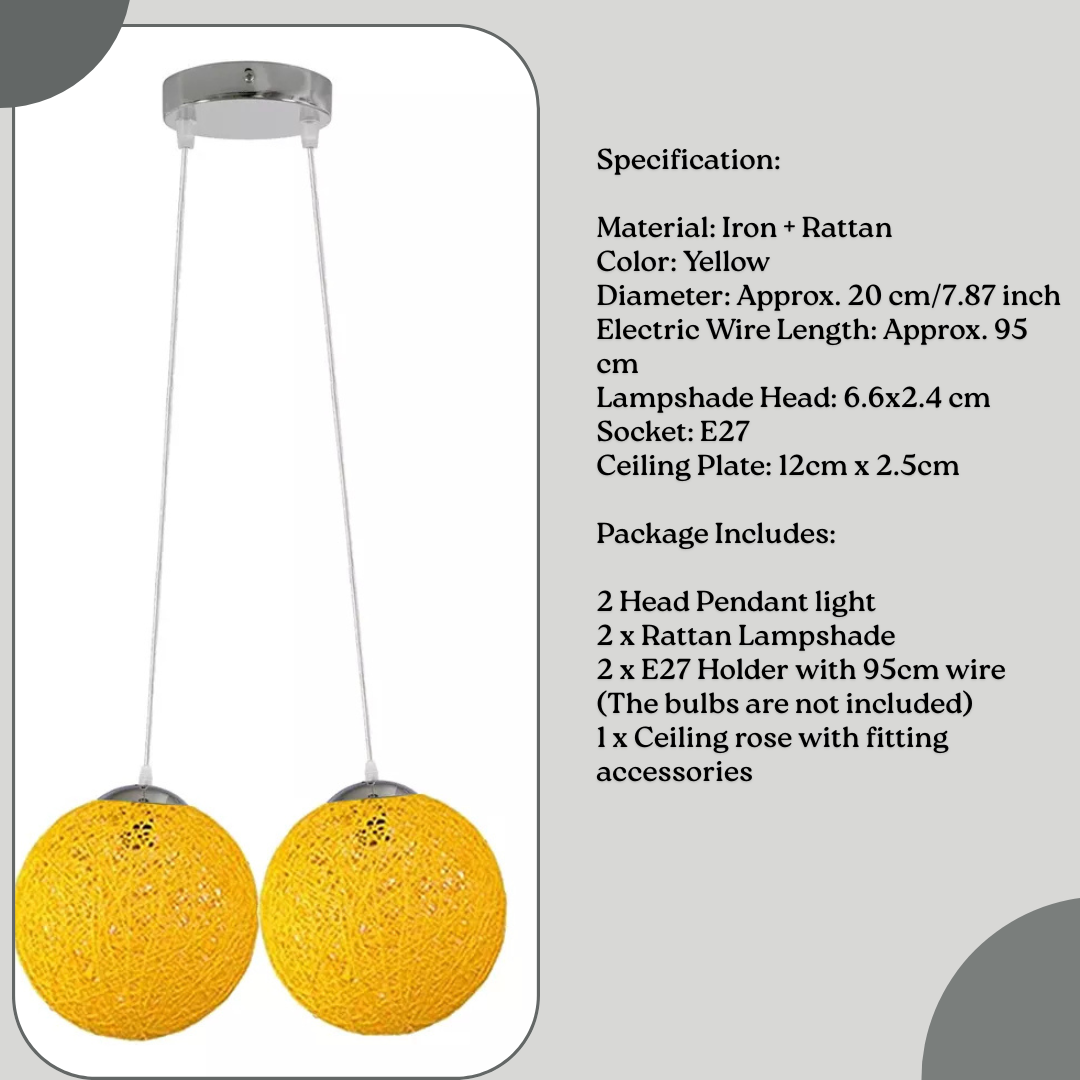 Rattan Wicker Yellow Woven Ball Globe Two Outlet Pendant Lampshade~1816