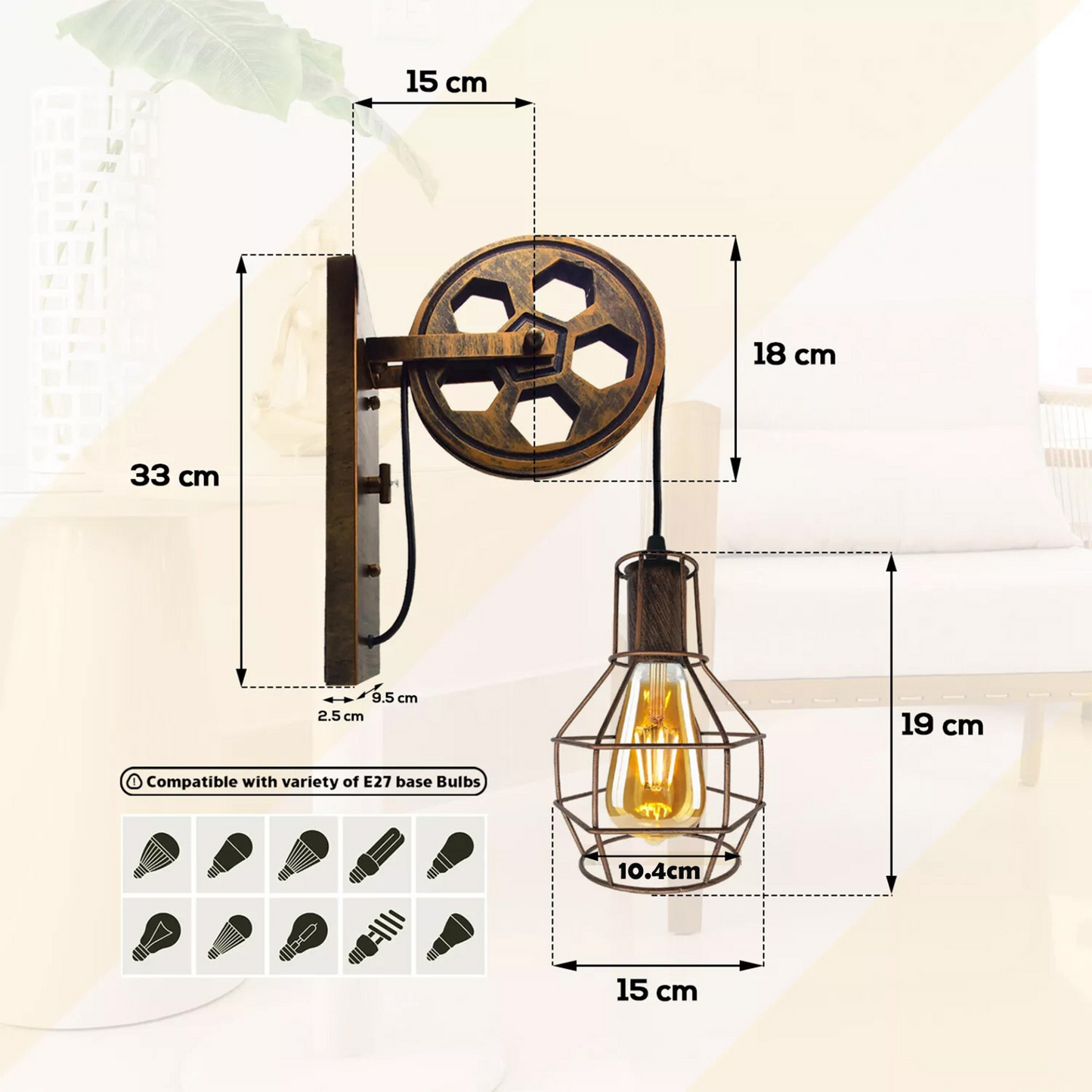 Brushed Copper Vintage Wheel Wall Light Retro Water Pipe Copper Wall Lights~1913