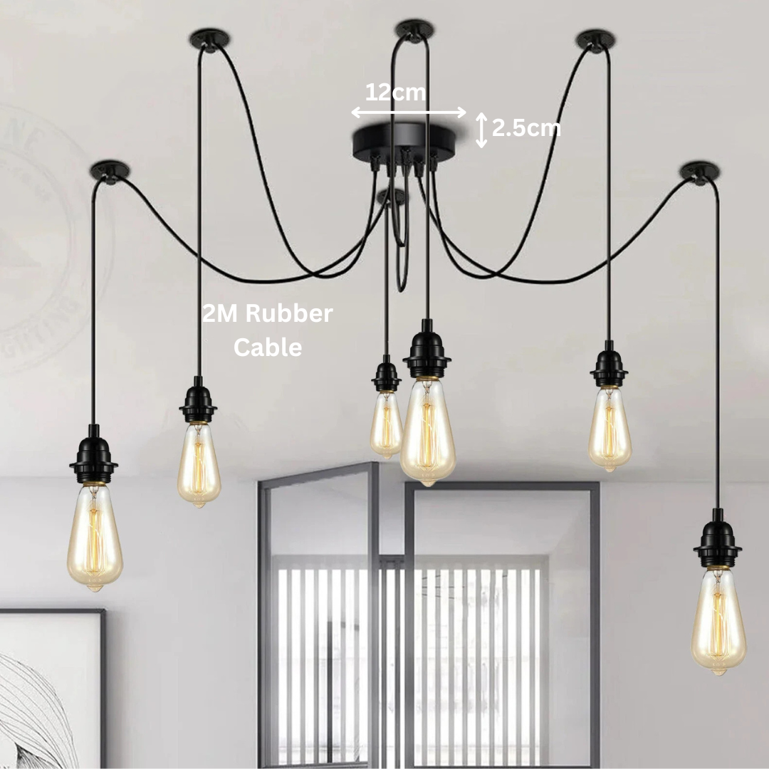 LEDSone 6 Way Industrial Black Pendant Light Spider with Rubber Cable Metal Lamp Holder~1775