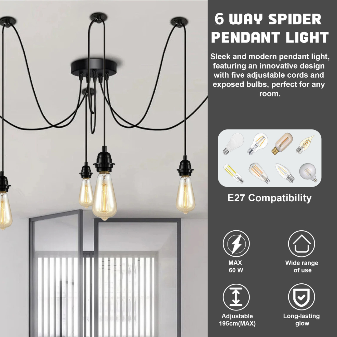 LEDSone 6 Way Industrial Black Pendant Light Spider with Rubber Cable Metal Lamp Holder~1775