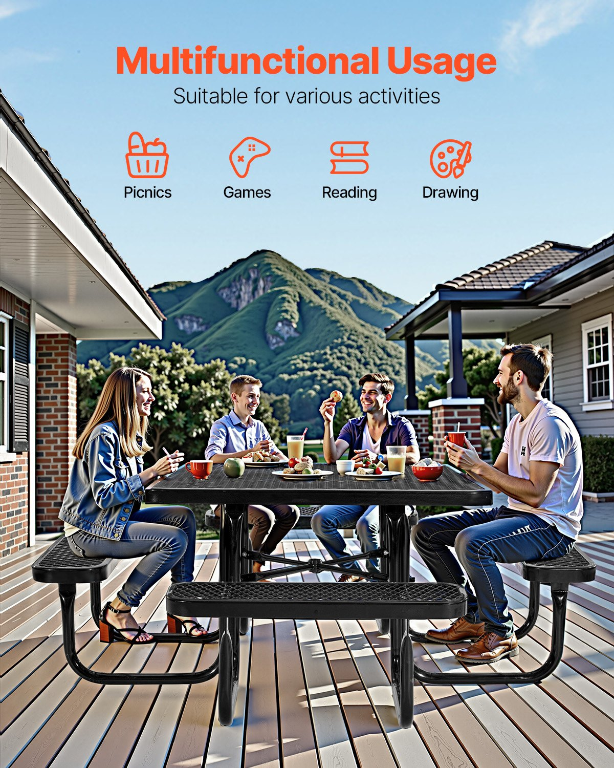 VEVOR Picnic Table Weather Resistant Steel Patio Dining Furniture Set Outdoor