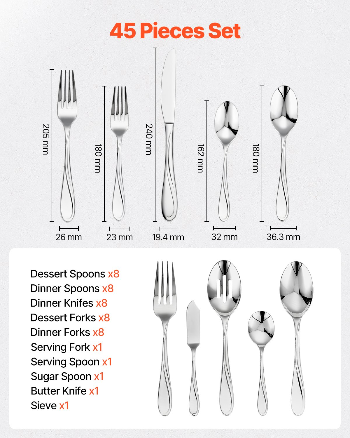 VEVOR 45-Piece Silverware Set Stainless Steel Cutlery Flatware Utensils for 8