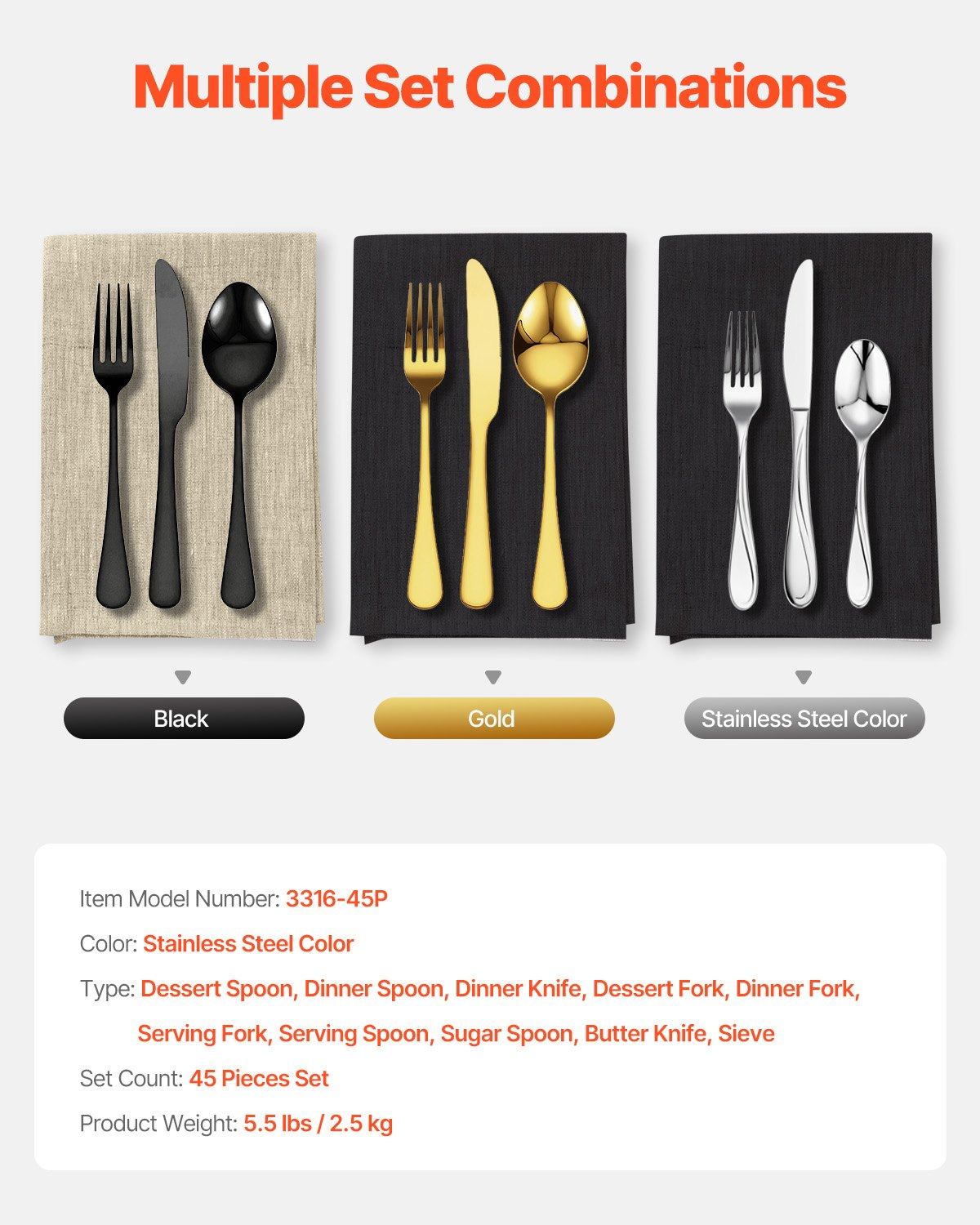 VEVOR 45-Piece Silverware Set Stainless Steel Cutlery Flatware Utensils for 8