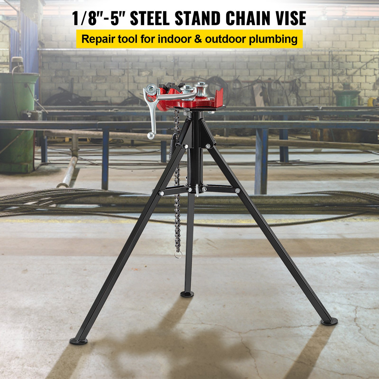 VEVOR Tripod Pipe Chain Vise | 0.3175-12.7 cm Pipe Capacity | 92.5 cm Length | Portable Folding Steel Legs | Grab, Support, and Bend Pipes | Ideal for Factory, Workshop, and Home Use