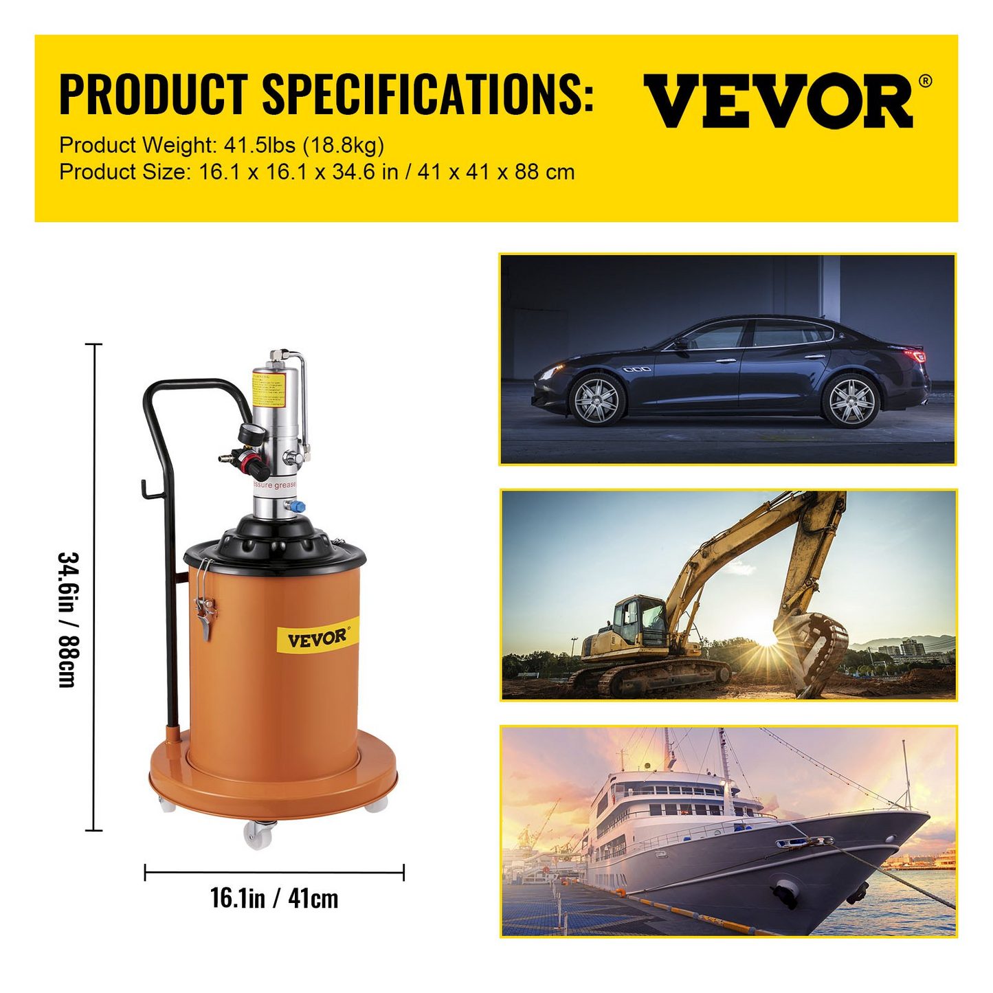 VEVOR 5 Gallons Air Operated High Pressure Grease Pump With 13.1FT Hose