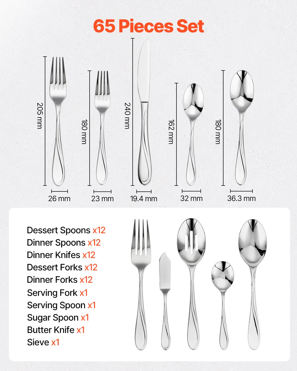 VEVOR 65-Piece Silverware Set Stainless Steel Cutlery Flatware Utensils for 12