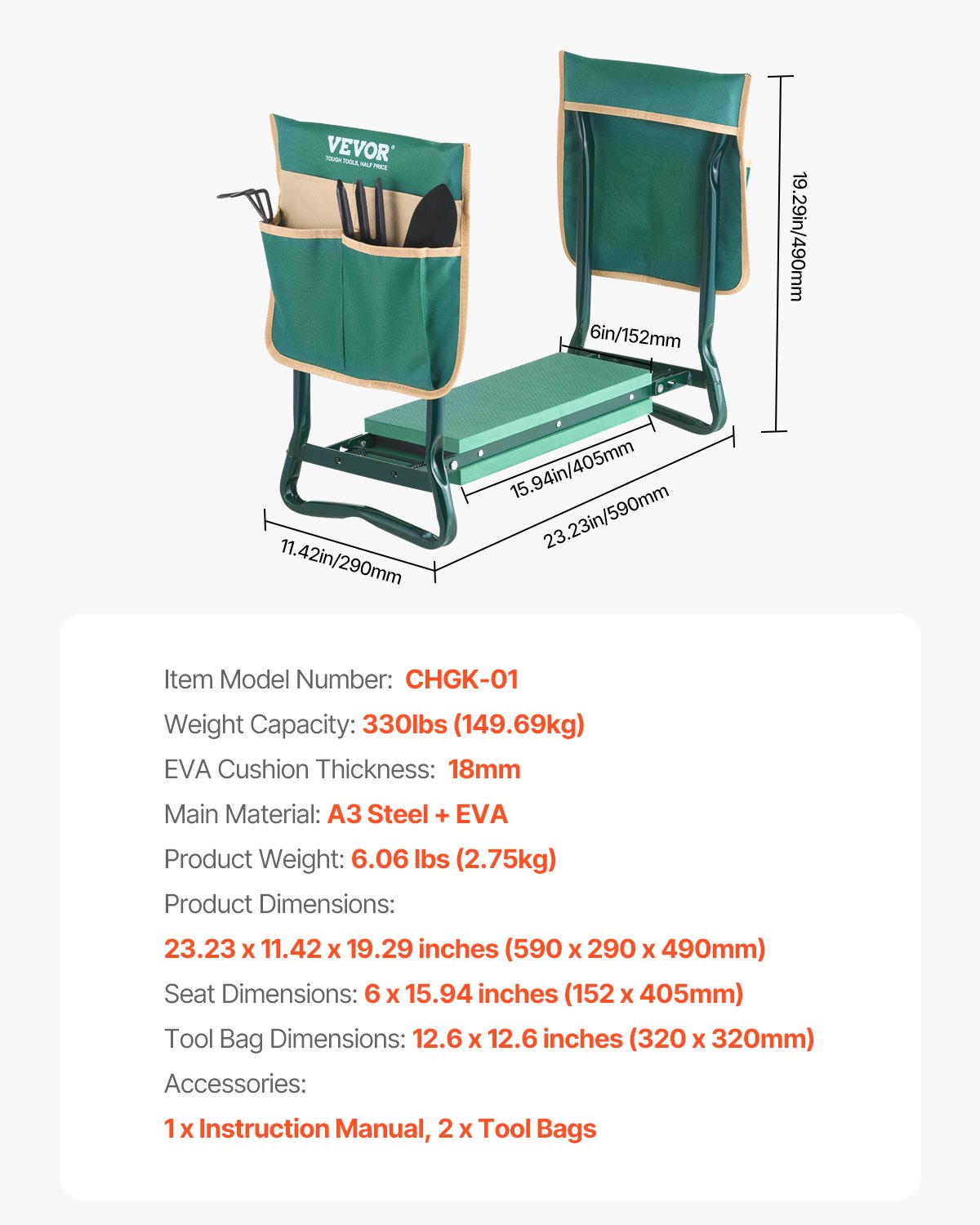 VEVOR Garden Kneeler and Seat 6" Wide Pad 330lbs Capacity Folding Garden Stool