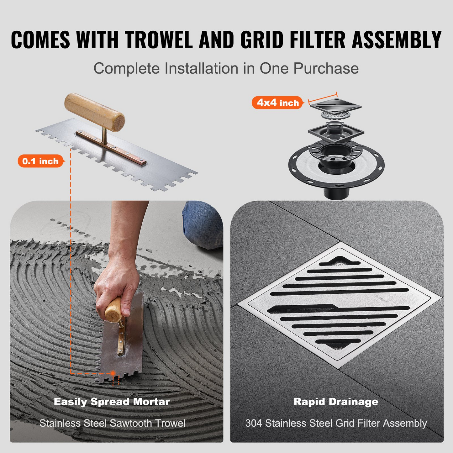 VEVOR Shower Curb Kit, 1219x1524mm Shower Pan Kit with 50.8mm ABS Central Flange, Waterproof Membrane, Stainless Steel Grate, Shower Pan Slope Sticks Fit for Bathroom