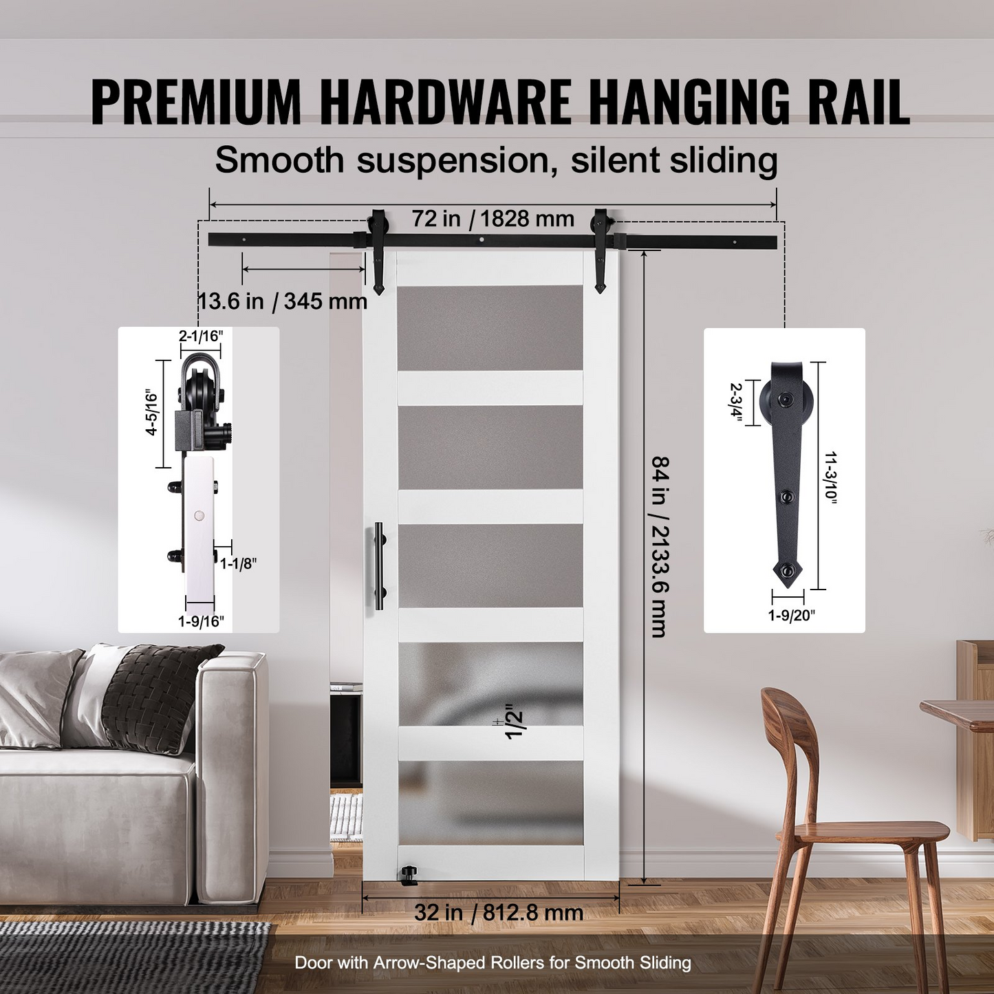 VEVOR Barn Door and Hardware Kit 32" x 84" Wood and Glass Sliding Barn Door Kit